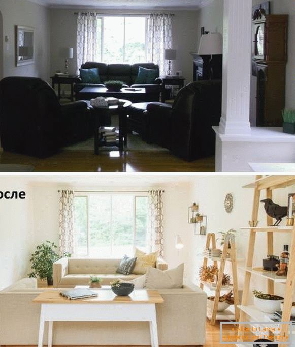 Uređenje namještaja u dnevnoj sobi prije i poslije smjene