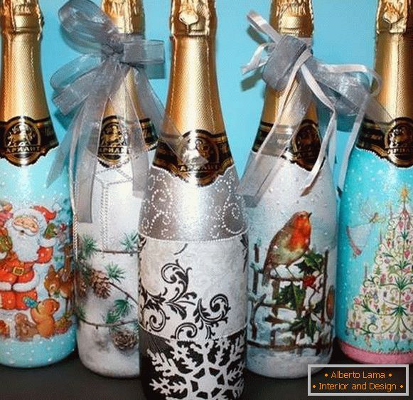 Decoupage i dekor boca šampanjca za Novu godinu