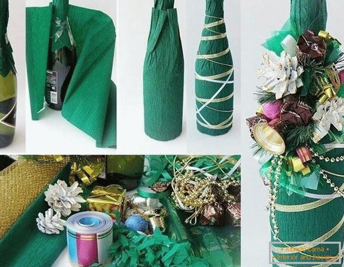 Dekoriranje bočice šampanjca mekom papirom i drugim dekorom