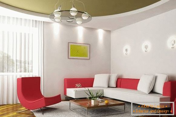 Zeleni rastegljivi plafon u dizajnu dnevne sobe u modernom stilu