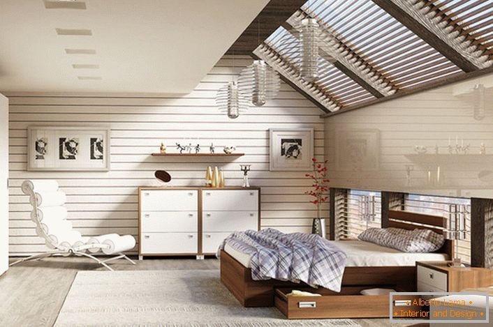 Spavaća soba na potkrovlju u skandinavskom stilu ukrašena je modularnim namještajem.