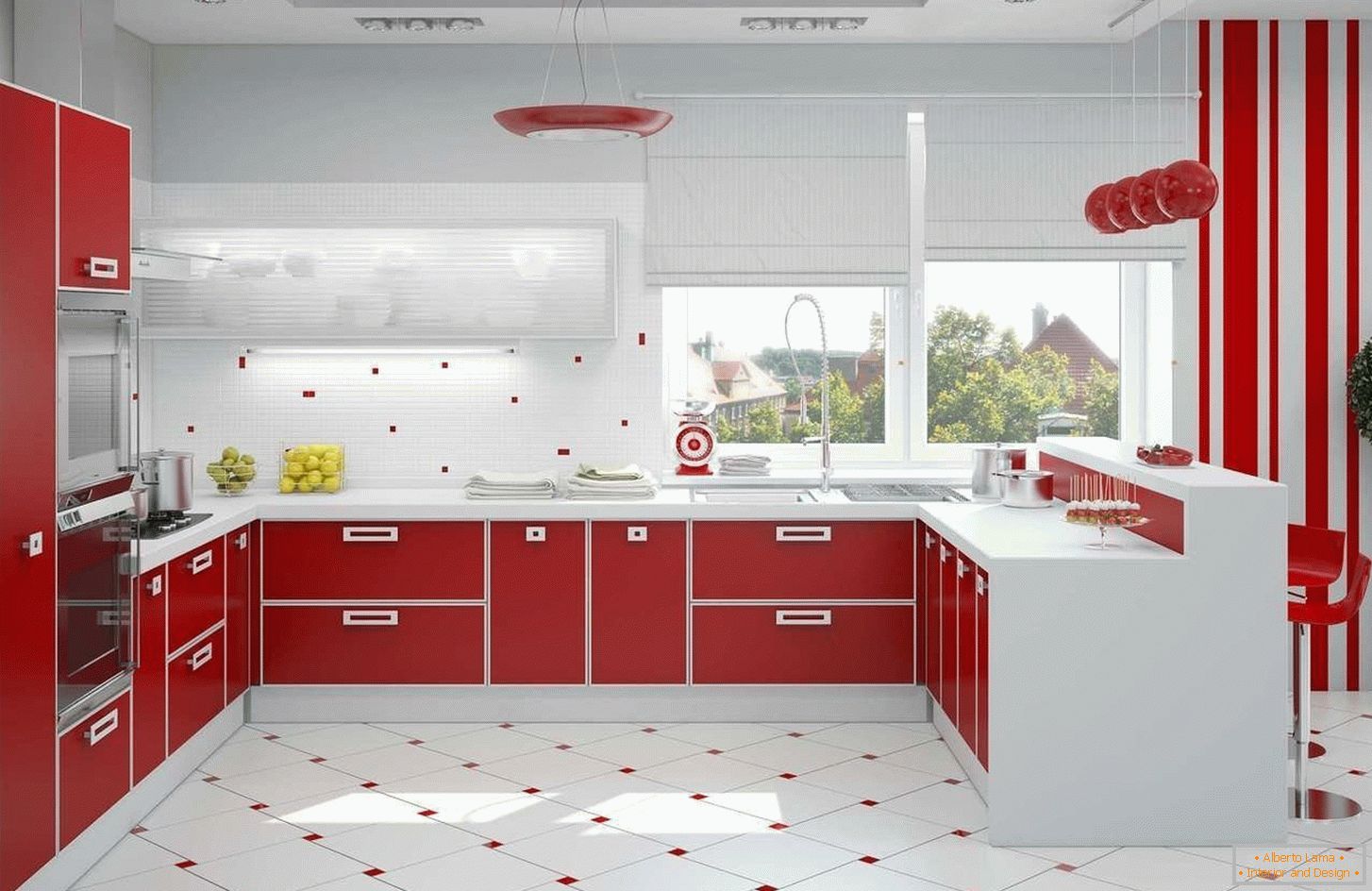 Crveno-bela unutrašnjost kuhinje
