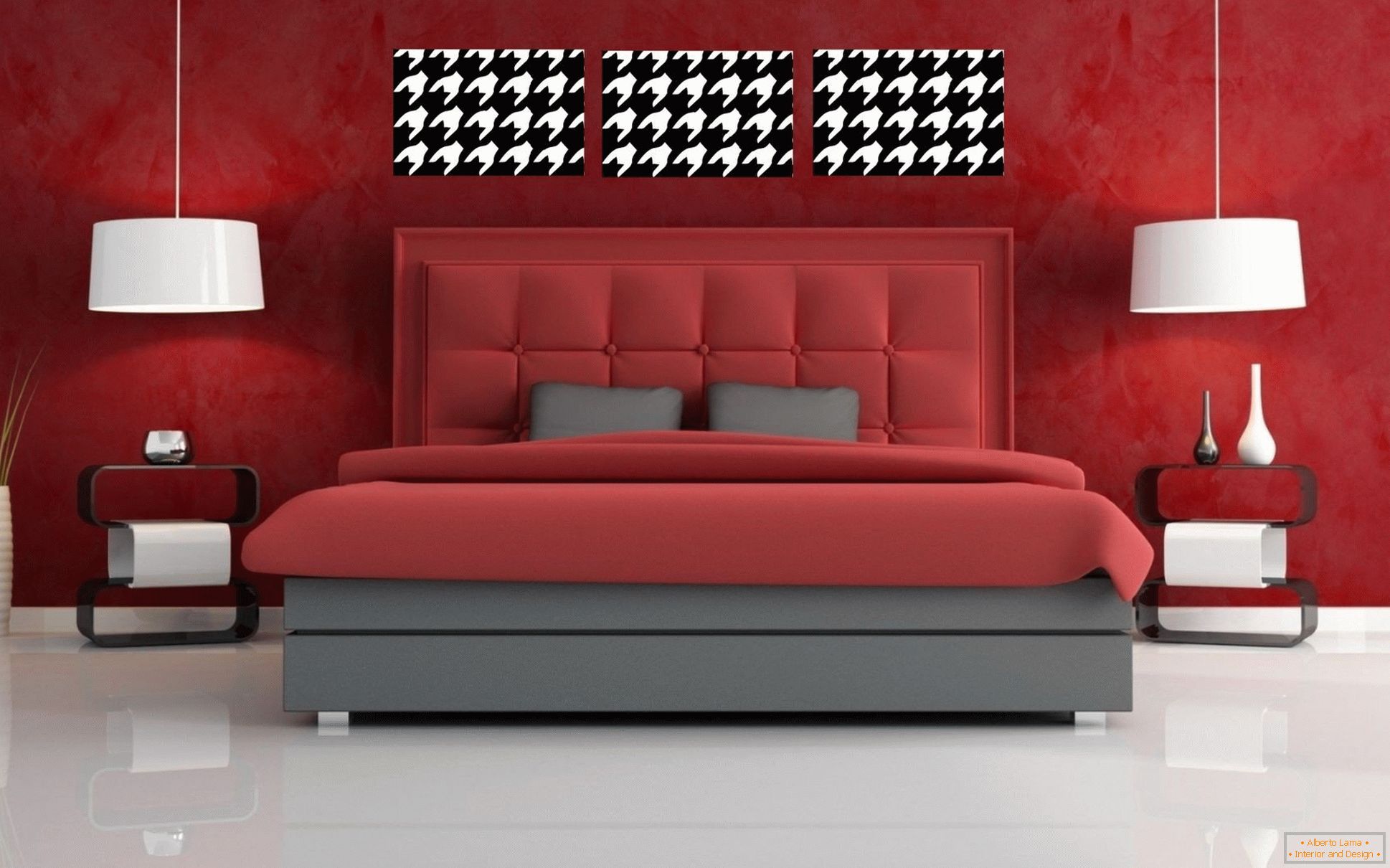 Beli sprat i crveni zidovi u spavaćoj sobi