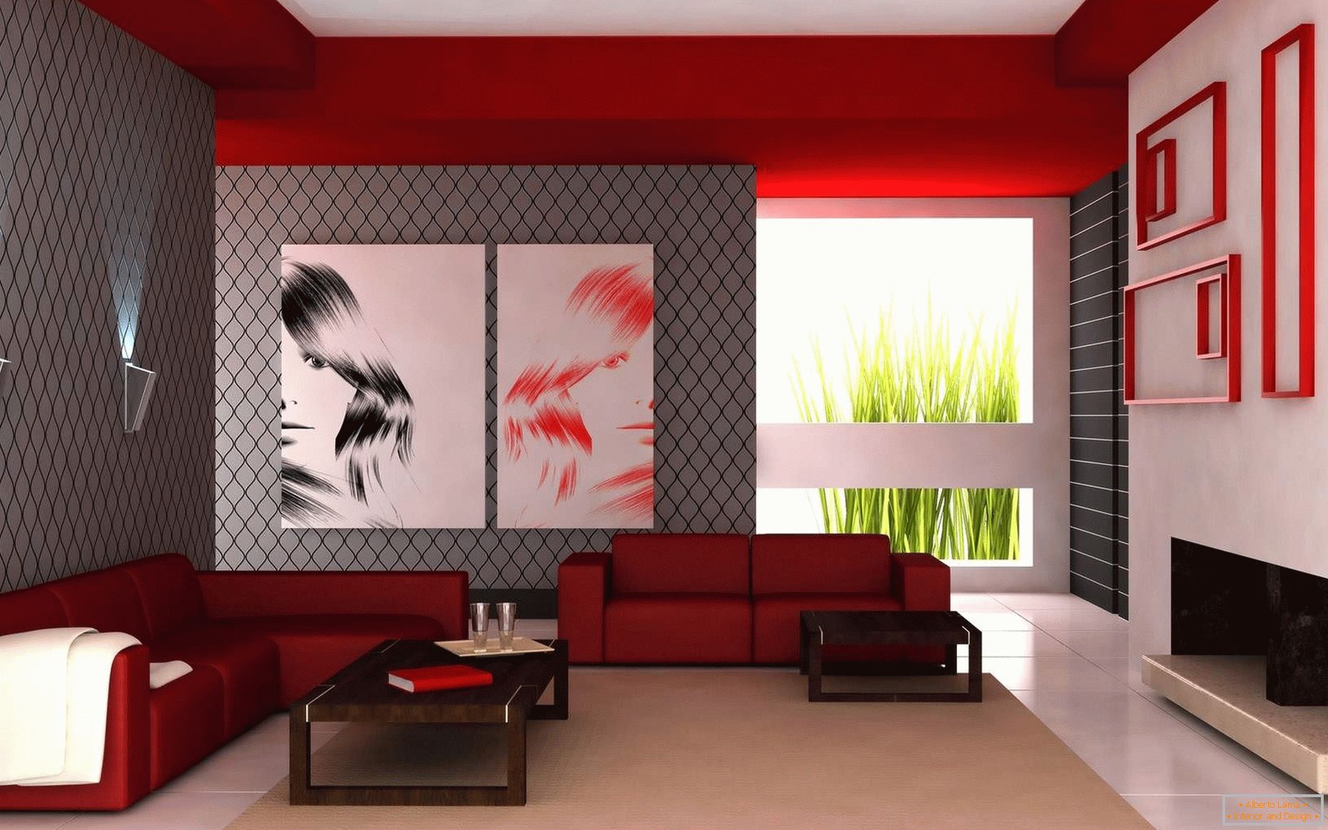 Kombinacija bijele, crvene i sive boje u dnevnoj sobi