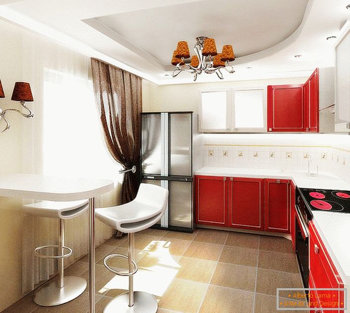 Dizajn projekat kuhinje u običnom stanu u Moskvi. Kontrastna kombinacija boja, funkcionalni namještaj, ne opterećeni nameštajem, lakonično osvjetljenje - indikatori besprekornog stila vlasnika stana.