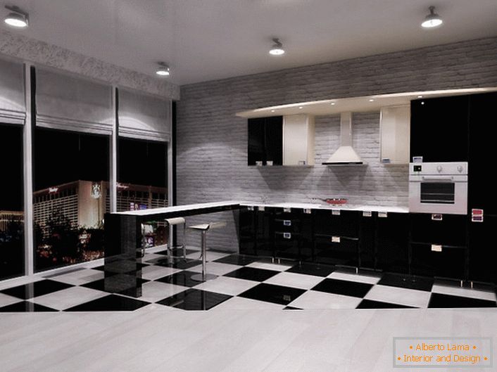 Kuhinja u stilu minimalizma u studiju sa panoramskim prozorima je odličan izbor za ljude koji vole prostor i slobodu delovanja.
