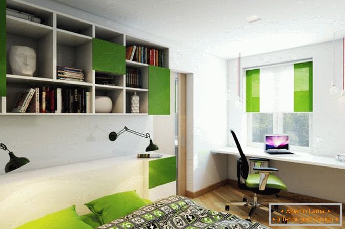 Zeleni akcenti u spavaćoj sobi u malom studijskom stanu u Rusiji