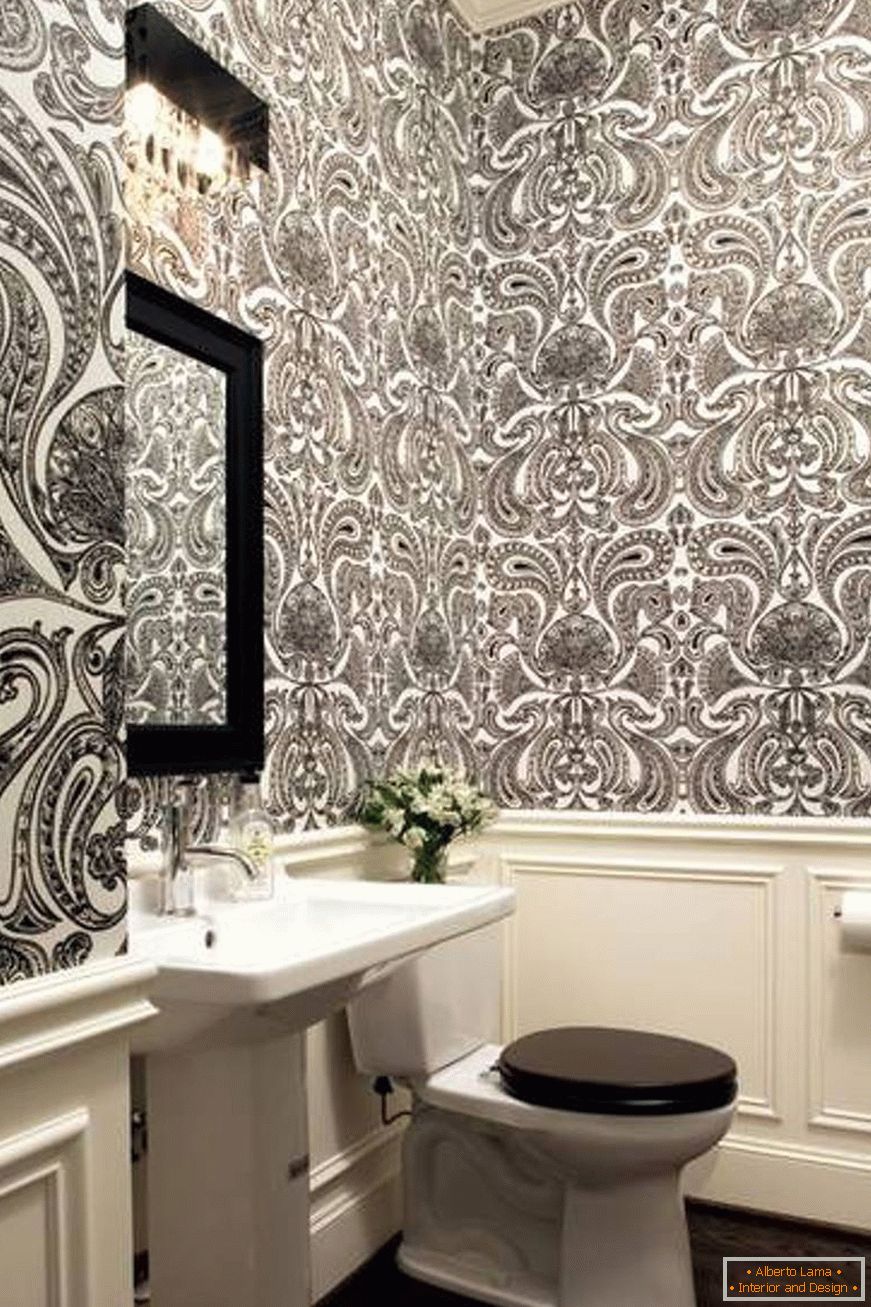 wainscoting-and-wallpaper-bathroom-bathroom-with-wallpaper-and-wainscoting-and-footstage-umbrella-and-mirror-and-padded-black-elongated-toilet seat