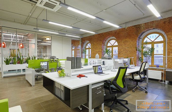 Za dizajn kancelarije u stilu potkrovlja koristi se puno živahne zelenilo, što čini prostor udobnijim i prilagođava zaposlene radnom raspoloženju. 
