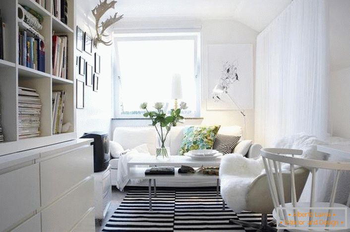 Klasična kombinacija crno-bijele izgleda dobit u unutrašnjosti u skandinavskom stilu. Bijeli namještaj čini dnevni boravak svetlim i udobnim.