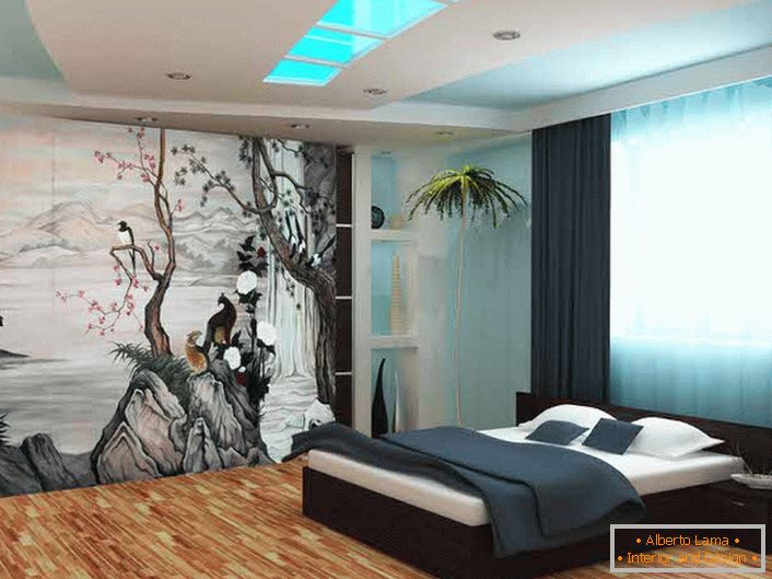 Za ukrašavanje zidova spavaće sobe u stilu japanskog minimalizma korištena je tapeta sa fotografskom štampom. Tematsko crtanje čini kompoziciju originalnom i kompletnom.