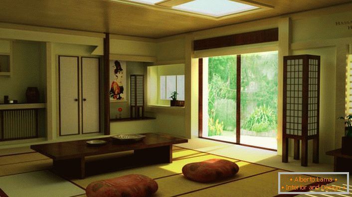 O prisustvu japanskog minimalizma u dnevnoj sobi u jednoj seoskoj kući govori pravi nameštaj. Niska stolica je idealna za čišćenje kućnog čaja. 