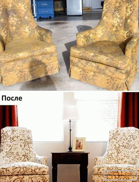 Popravka tapaciranog nameštaja - fotografija fotelje pre i posle