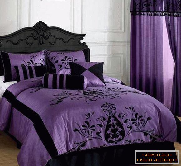 Ljubičasta spavaća soba - fotografija u kombinaciji sa crnom