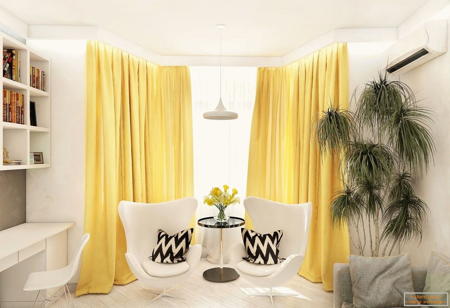 Žute zavese u beloj dnevnoj sobi
