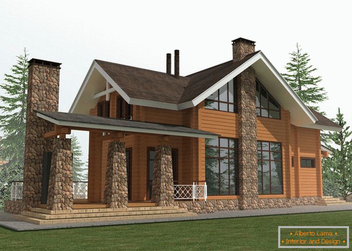 Projektni projekat seoske kuće u stilu planinarskog doma temelji se na upotrebi za izgradnju drvenog rama i prirodnog kamena.