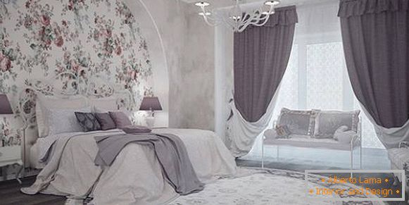 Moderne jorgovane zavese u spavaćoj sobi - fotografija u unutrašnjosti