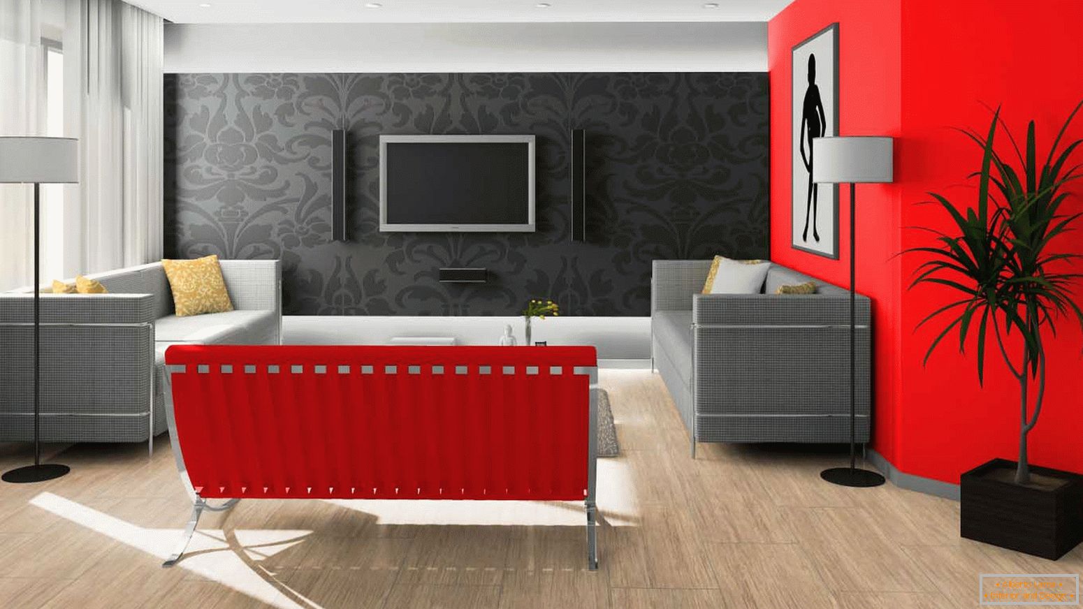 Crna i crvena u dizajnu dnevne sobe