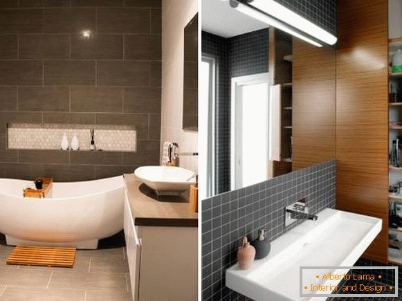 Dizajn kupatila u tamnim bojama sa bijelim vodovodom fotografija 2016