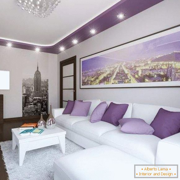 Moderan dizajn hodnika u stanu в белом и фиолетовом цвете
