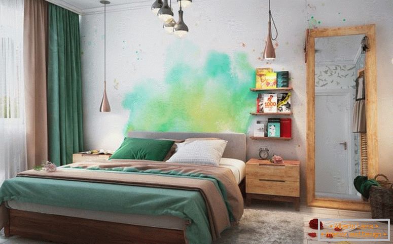 spavaće-zelene-vodene boje-zidne-art-police-knjige-veliko-ogledalo