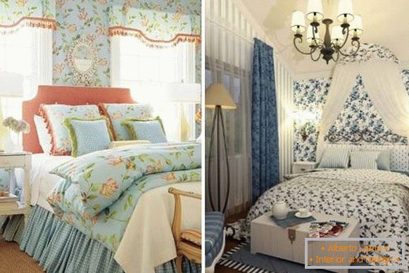 Zavese u stilu Provence za spavaću sobu - fotografija u kombinaciji sa tapetama