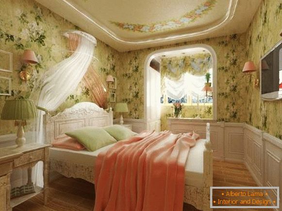 Kombinacija boja u unutrašnjosti spavaće sobe Provence - zavese i tapete