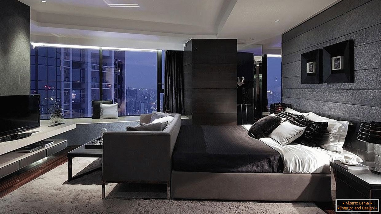 High-tech stil u spavaćoj sobi sa panoramskim prozorom