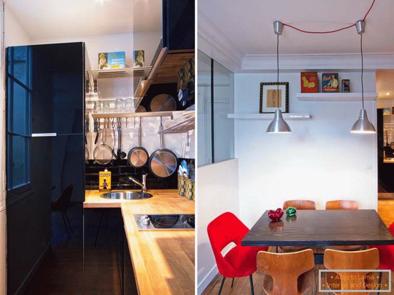 Kuhinja i trpezarija malog studijskog stana u Parizu