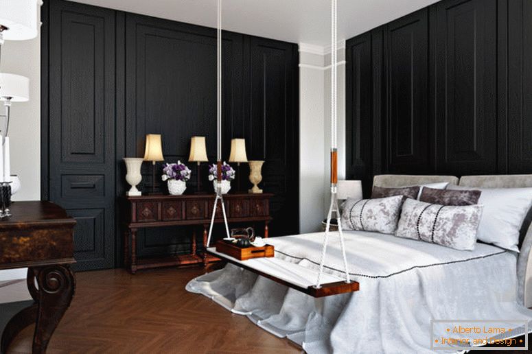 crni zid-u-unutrašnjosti-klasične spavaće sobe