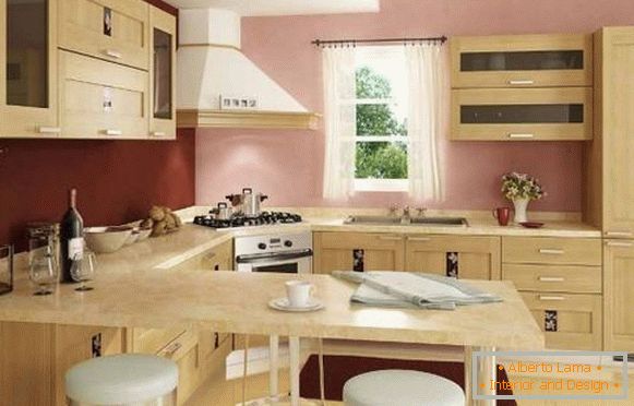 Unutrašnjost uglu kuhinje sa šankom - fotografija u bež i ružičastim tonovima