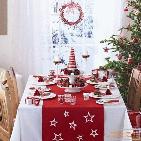 Dekor Novogodišnjeg stola s vlastitim rukama u crvenoj i beloj boji