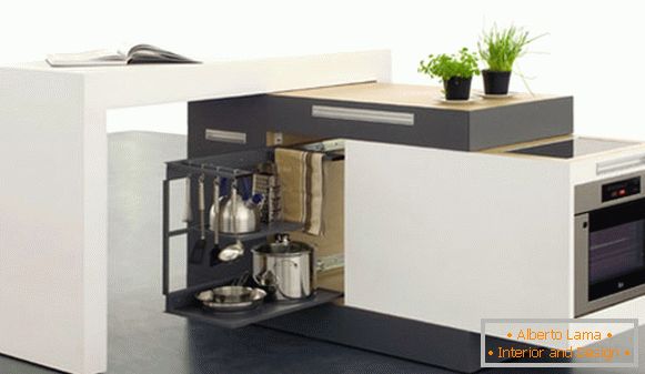 Unutrašnjost vrlo male kuhinje: mobilni kuhinjski set