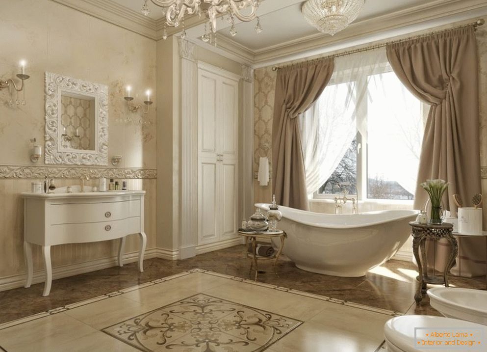 Prozor sa zavjesama u kupatilu u klasičnom stilu