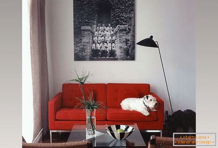 Stroga crvena sofa i pletene stolice u dnevnoj sobi