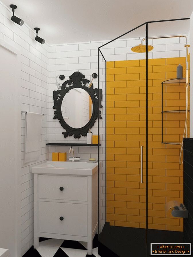 Žuti akcenti u crno-bijelom kupatilu