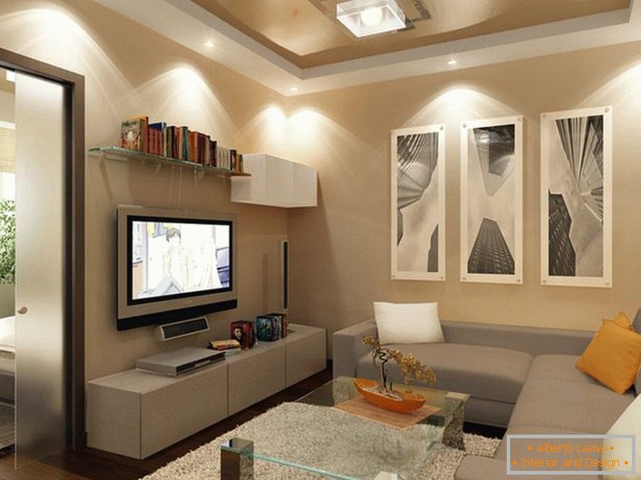 Nategnuti plafoni bež i bele boje izuzetno izgledaju u modernoj dnevnoj sobi.