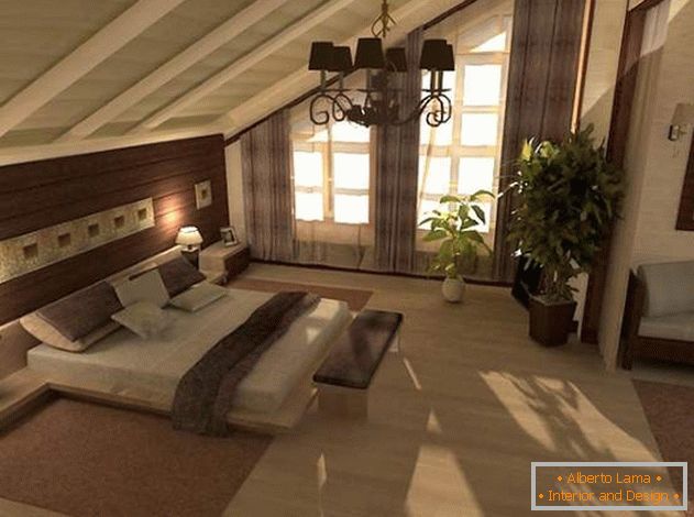 Moderan dizajn spavaće sobe na potkrovlju u selu