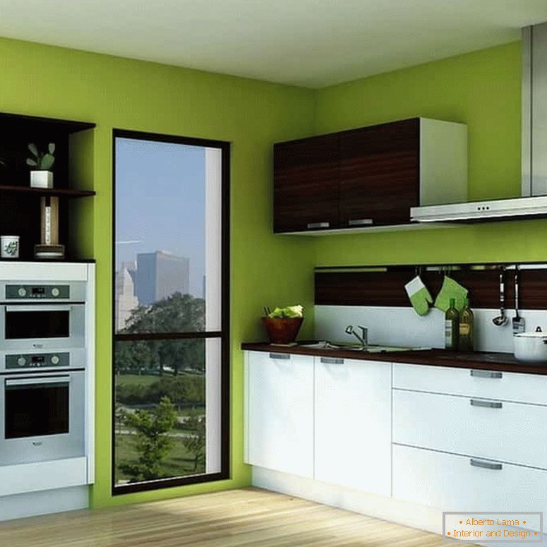 Svetlo zelena boja zidova i bela kuhinja