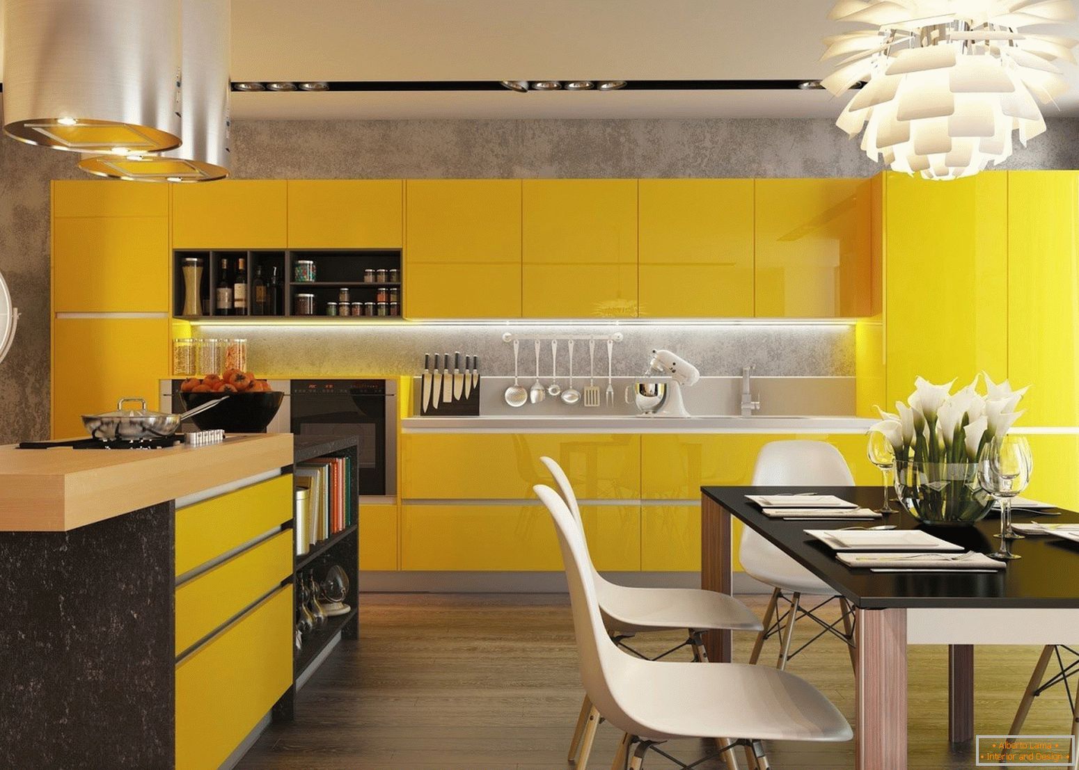 Kuhinja с желтыми фасадами и черным столом